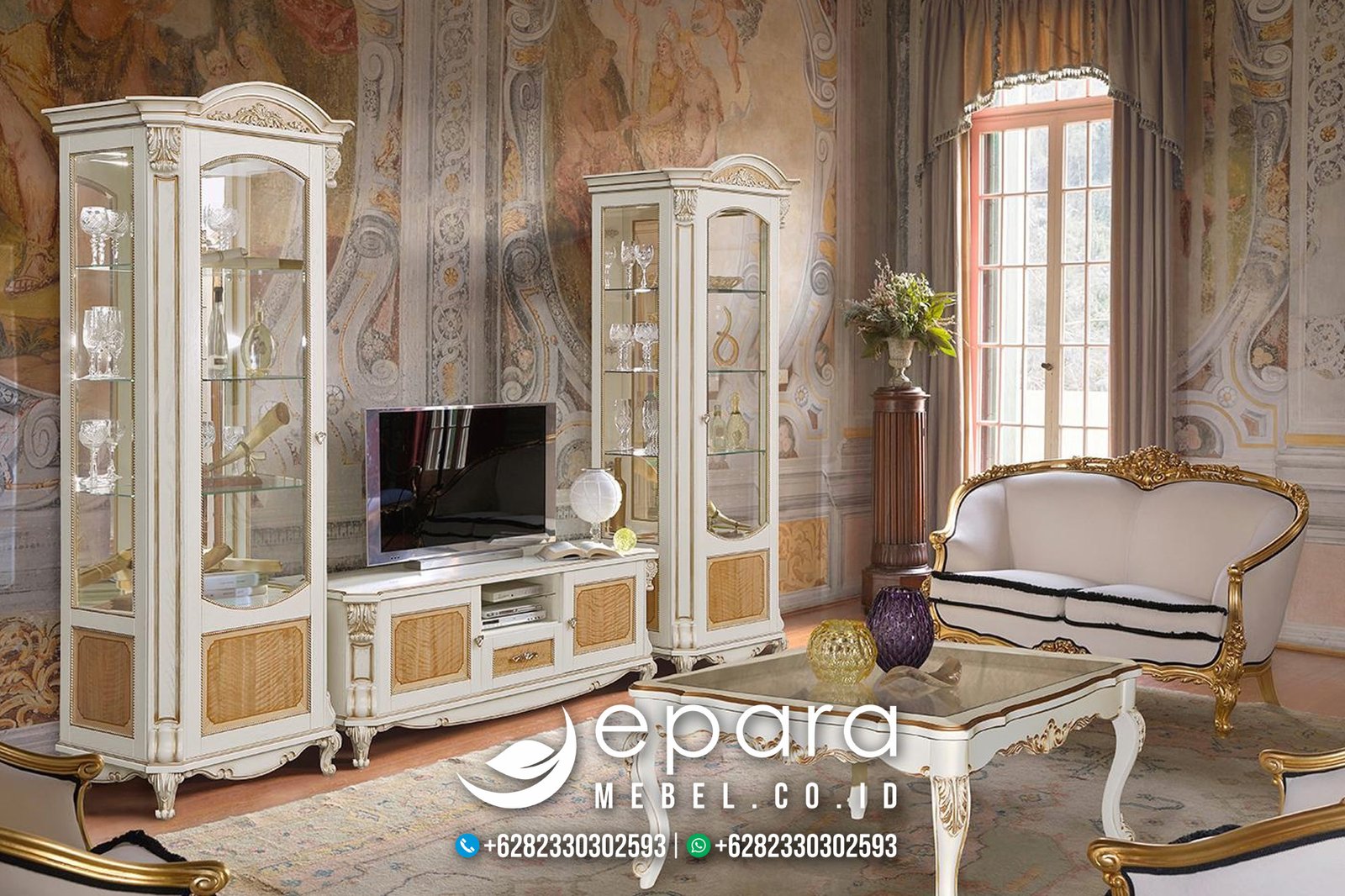 Model Bufet TV Lemari Kaca Modern Ukir Klasik Jepara JM-1008