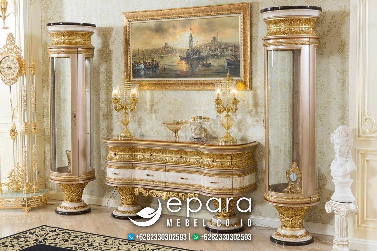 Desain Bufet TV Klasik Model Sofena Gold Mewah JM-765