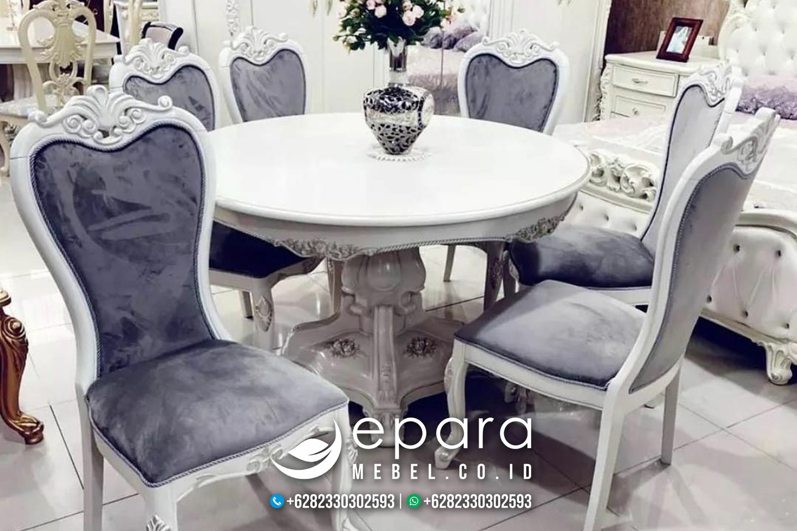 Kursi Makan Jati Jepara Ukiran Putih Mewah Elegan JM-920