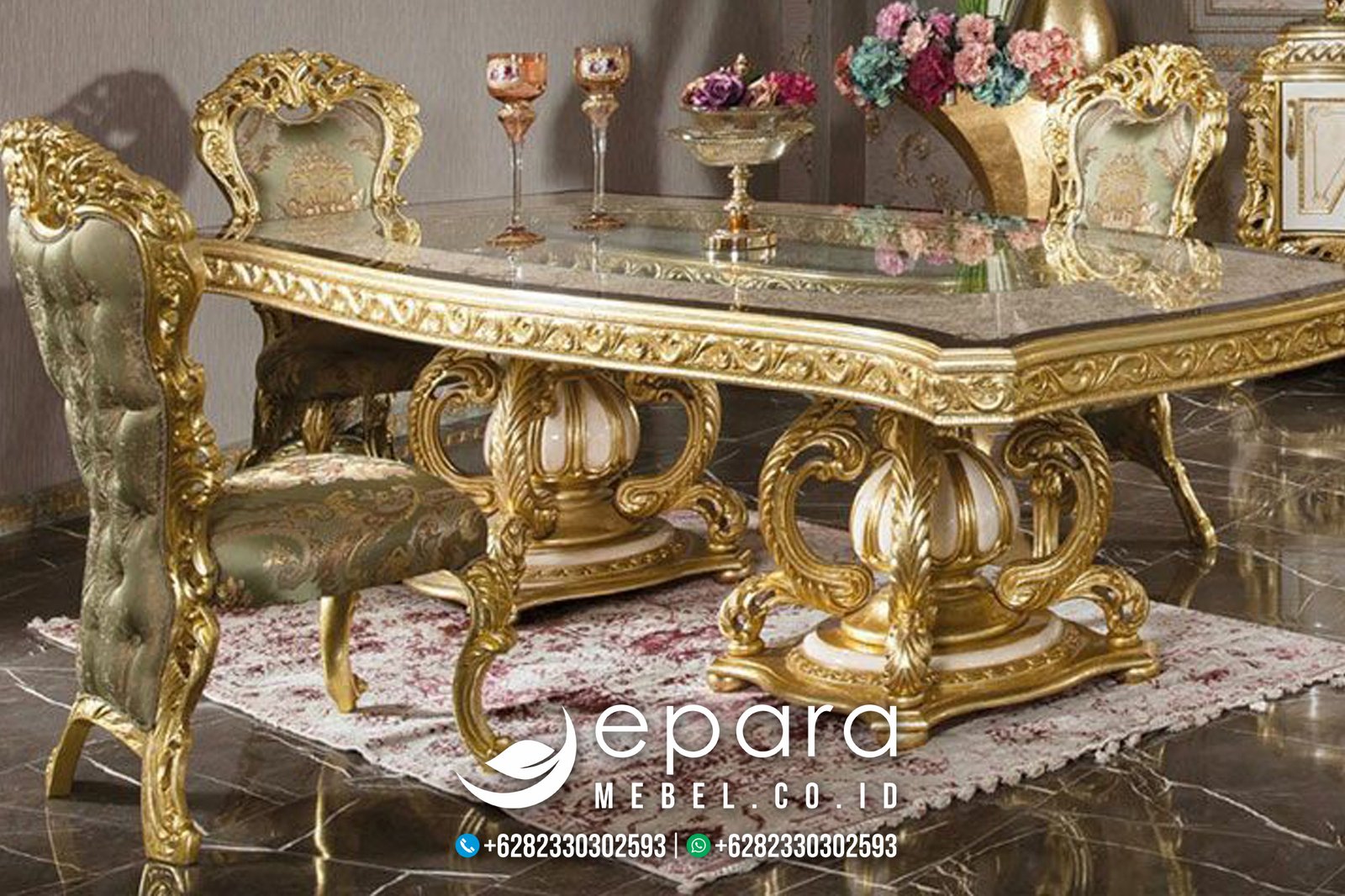 Design Meja Makan Luxury Mewah Klasik Gold Ukir JM-930