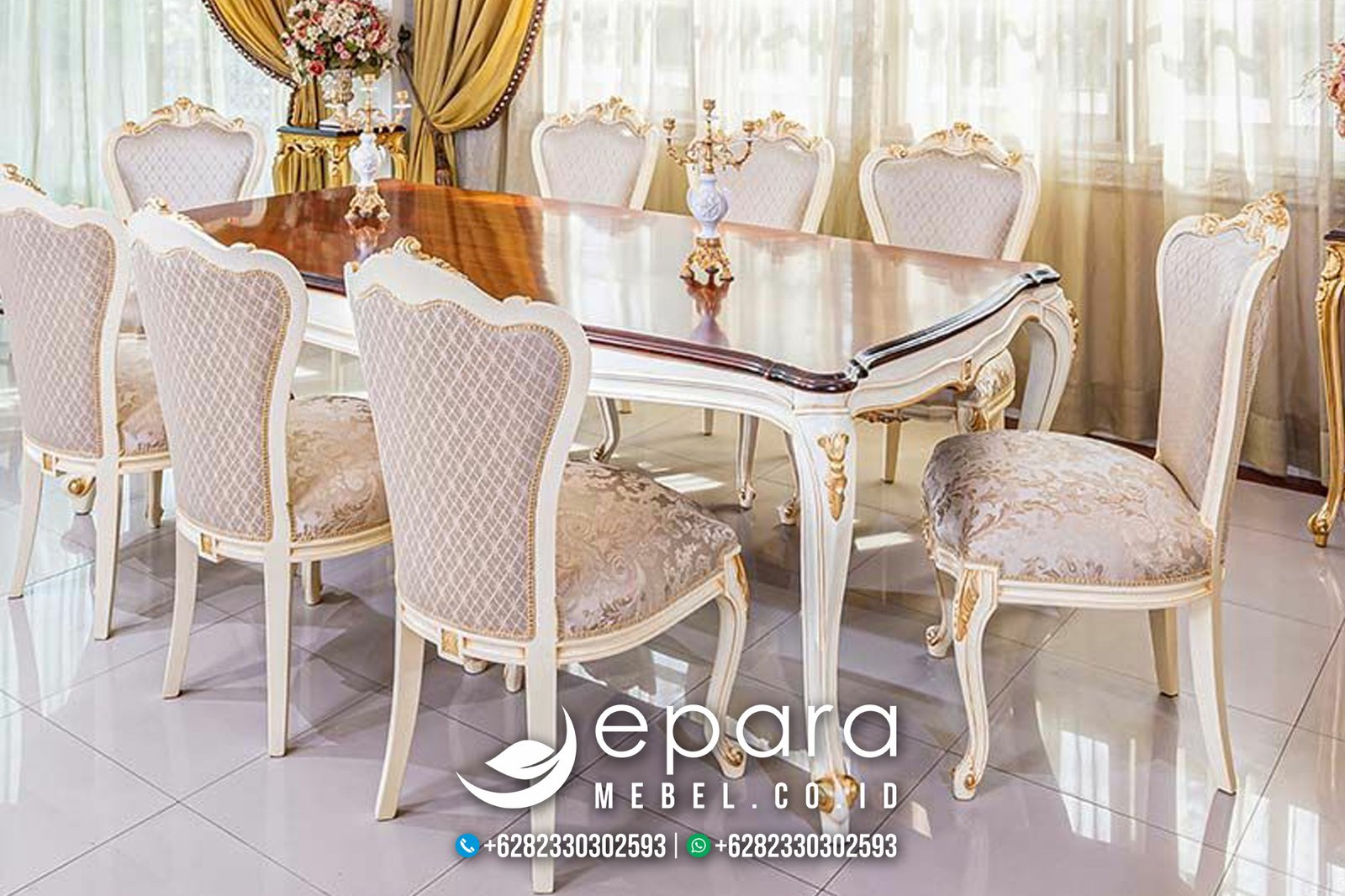New Kursi Set Meja Makan Jati Klasik Mewah Putih Emas JM-931