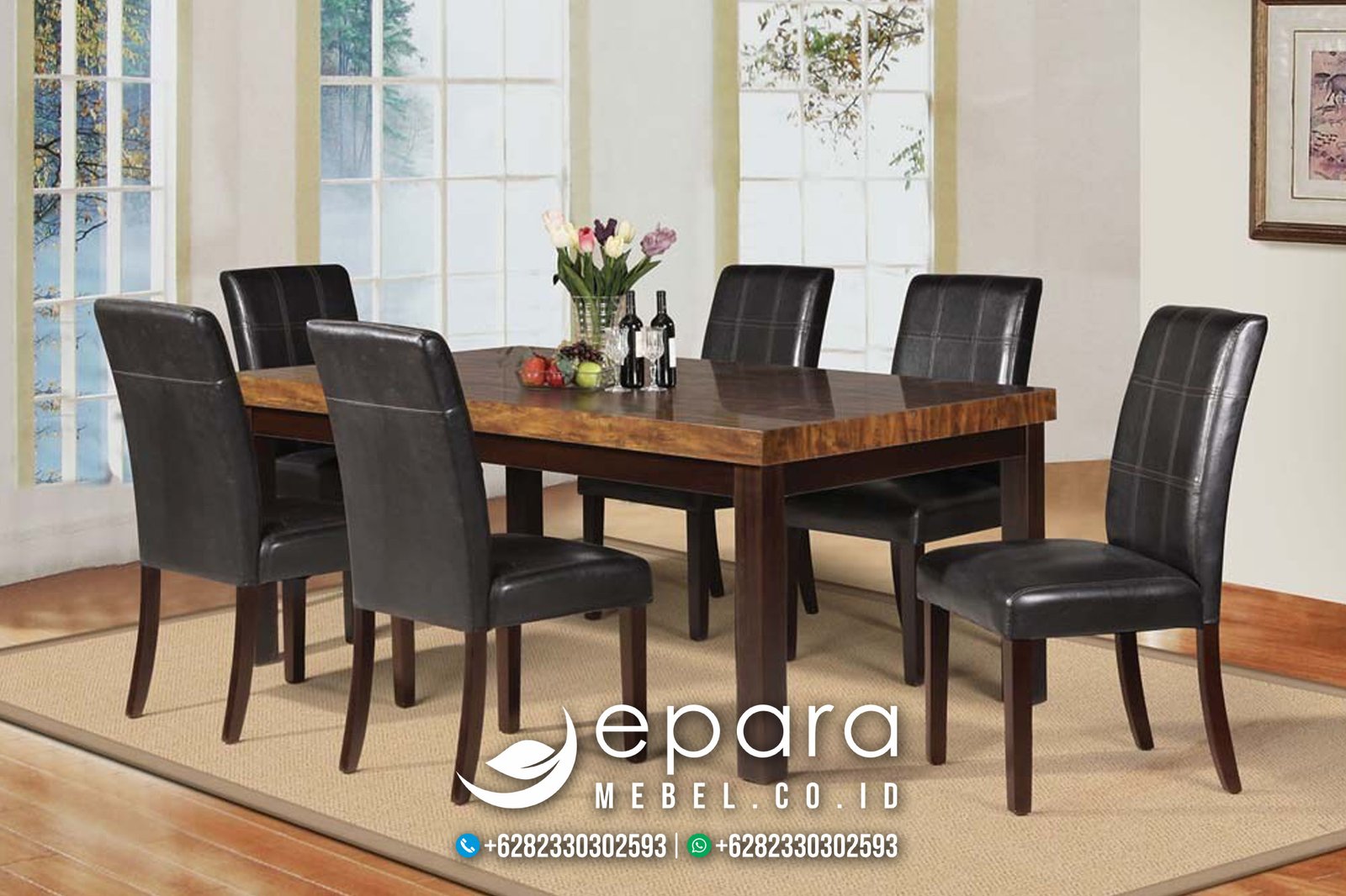 Meja Makan Kayu Jati Set Kursi Minimalis Hitam JM-1026