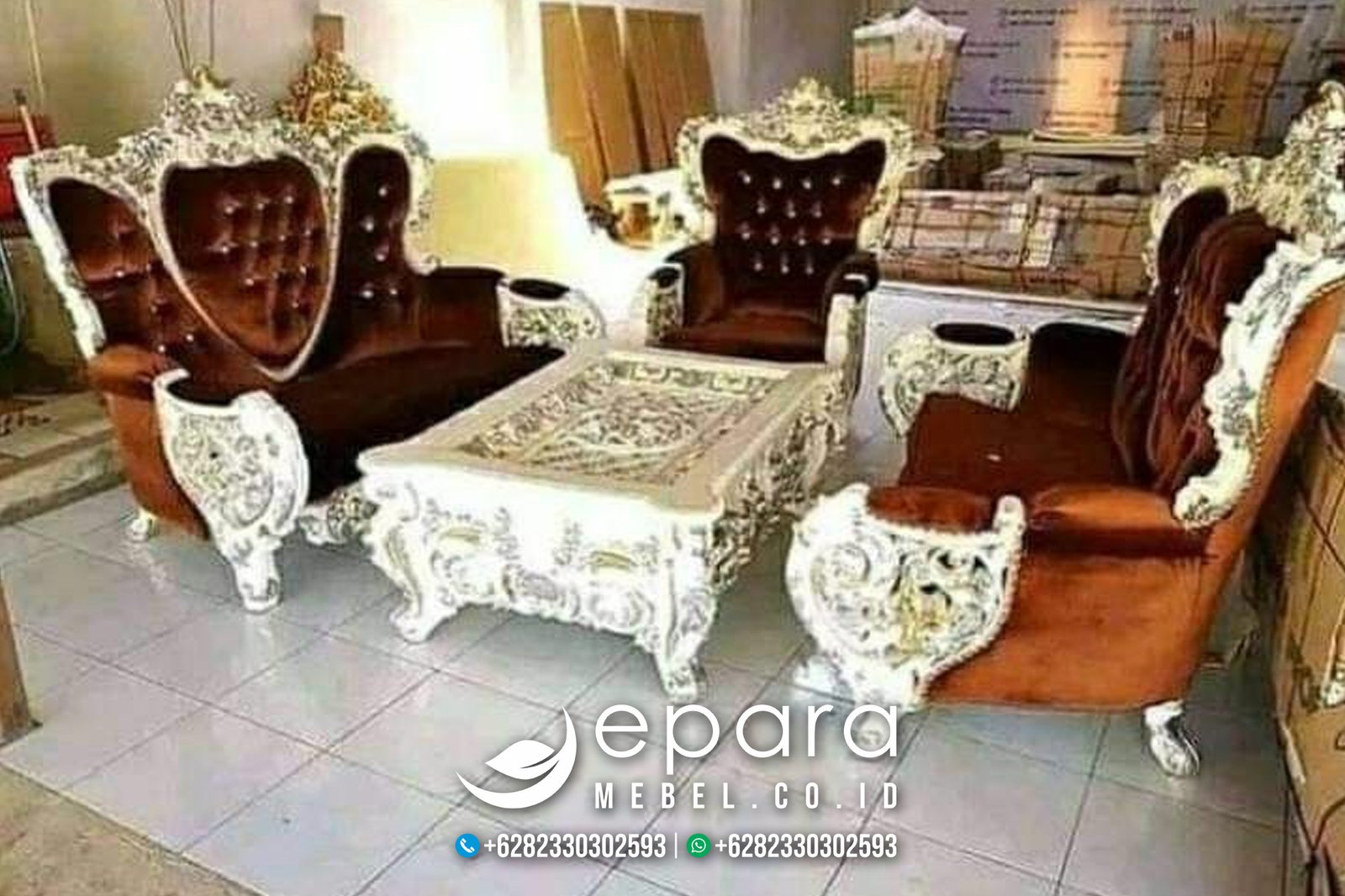 Set Sofa Klasik Bellagio Ukiran Kombinasi Putih Gold JM-1036