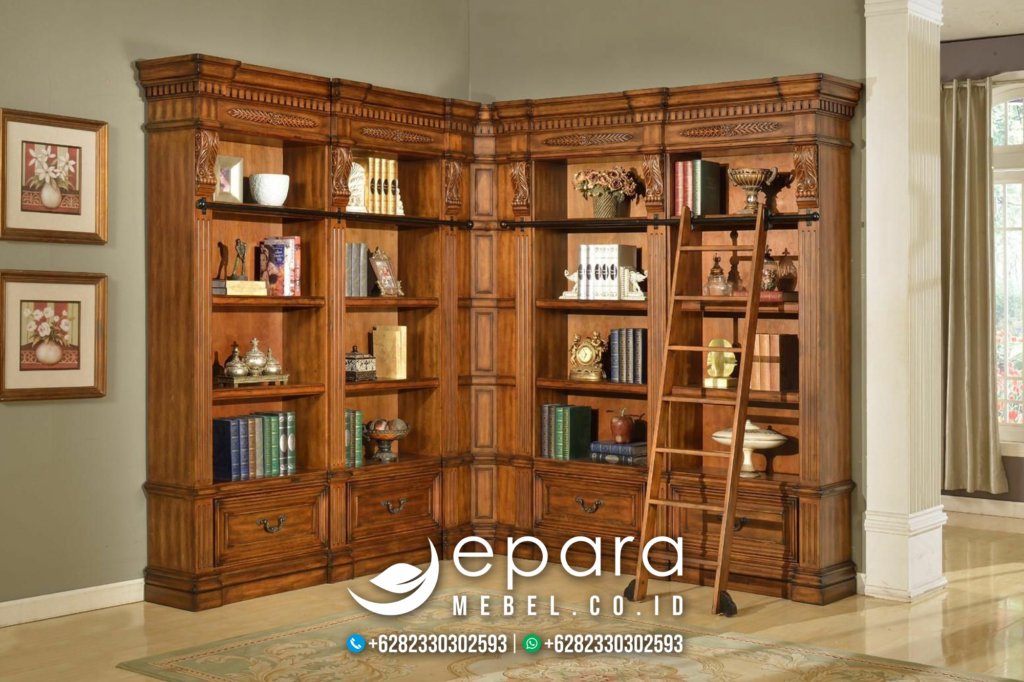 Rak Buku Model Klasik Ukir Mewah Natural Jepara JM-1475