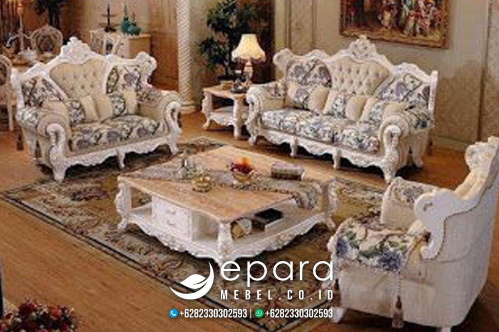 1 Set Sofa Tamu Model Klasik Duco Putih Mewah JM-1405