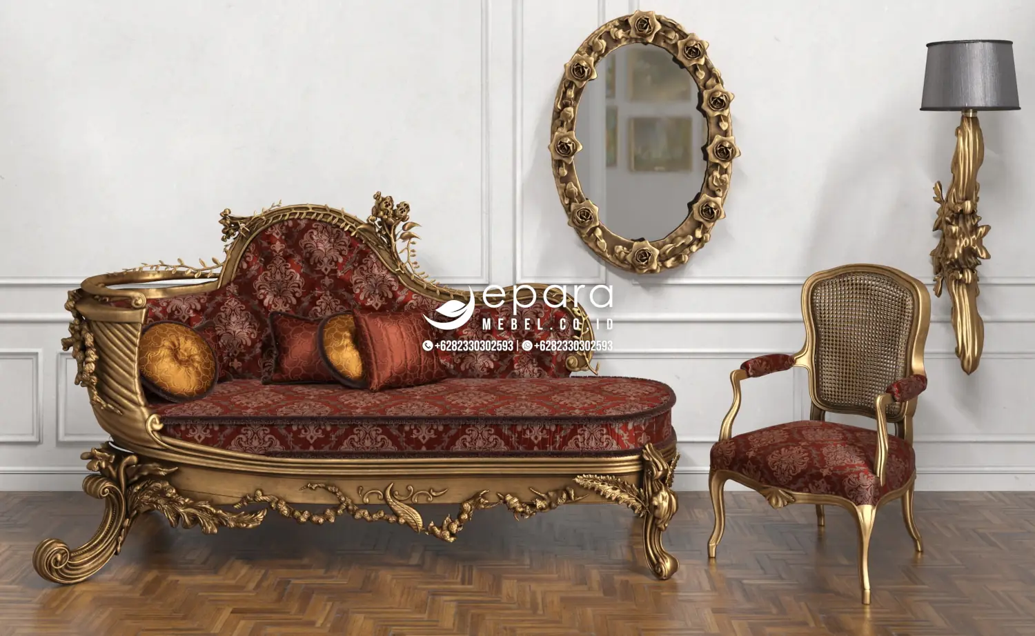 Sofa Santai Ukiran Mewah Merah dan Emas