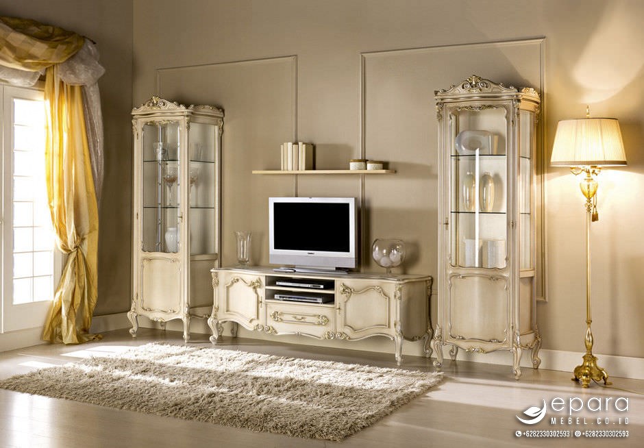 Set Bufet Tv Klasik Barok Mewah Krem Perak Italia