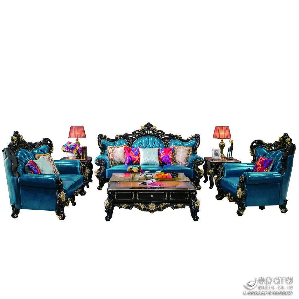 Sofa Mewah Modern Kulit Biru Gaya Kerajaan